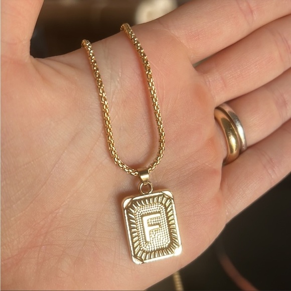 Gold Initial Necklace Letter Chainlink Card Tablet Greek Key Style F - Picture 1 of 3